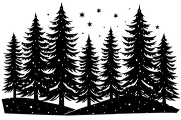 Obraz premium Black silhouette of pine trees with falling snow and stars on white background forest winter