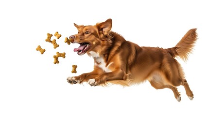 Naklejka premium Excited Dog Catching Treats Mid-Air on White Background.