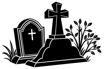 Obraz premium Black silhouette of a tombstone with cross and plants on white background gravestone cemetery