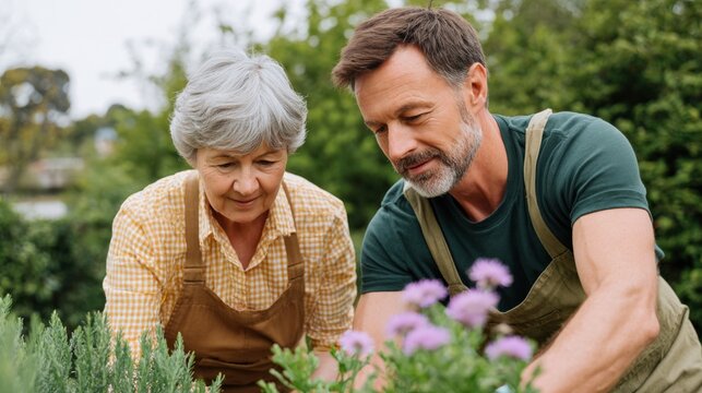 Older couple tending garden, planting flowers, apricot orchard