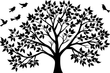 Fototapeta premium Black silhouette of a tree with leaves and flying birds on a white background vector