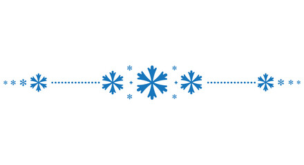 Decorative horizontal divider with blue snowflakes arranged around a central motif and dotted lines on a clean white background, perfect for winter invitations, greeting cards, web banners and holiday
