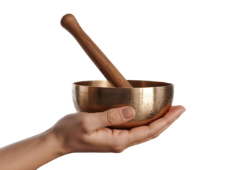  "Human Hand Holding Bronze Singing Bowl, Meditative Mudra Close-Up on Transparent Background, Sound Healing and Mindfulness Mockup"
