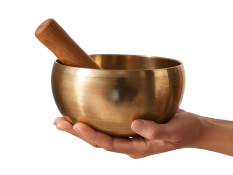  "Human Hand Holding Brass Singing Bowl, Close-Up Studio Shot on Transparent Background, Mindfulness and Meditation Mockup"