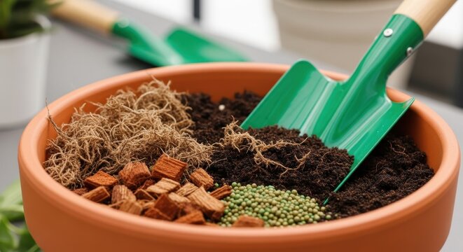 Preparing a terracotta planter with soil layers and a vibrant green gardening trowel tool
