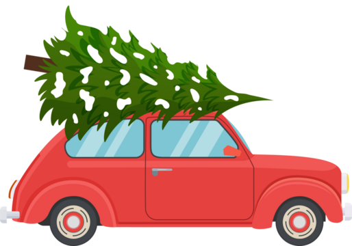 retro red pickup truck with christmas tree