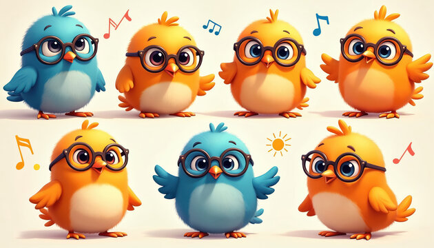 Cute cartoon birds wearing glasses and looking happy. Colorful characters with music notes and sun graphic elements. Group of birds with joyful expressions in vibrant colors.