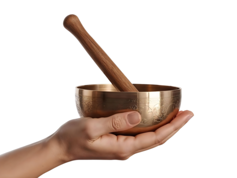 "Human Hand Holding Bronze Singing Bowl, Meditative Mudra Close-Up on Transparent Background, Sound Healing and Mindfulness Mockup" - Powered by Adobe