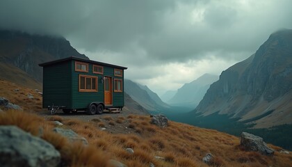 Green tiny home on wheels sits on dry grass hillside overlooking vast mountain valley. Small dwelling offers portable living solution in natural, remote scenery. Compact design emphasizes minimalist
