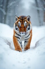 Obraz premium Siberian tiger walks through snow. Large feline predator with orange black stripes. Winter forest snowdrifts. Big cat face close up. Wild animal in natural habitat.