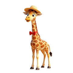 Obraz premium Cute Cartoon Giraffe with Straw Hat and Red Bow