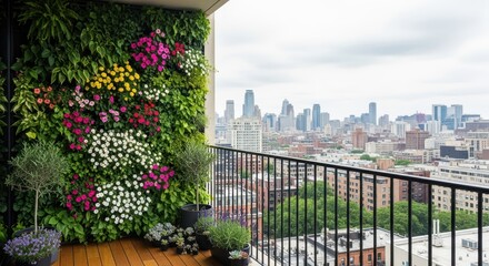A balcony with a vertical garden overlooking a cityscape on a cloudy day