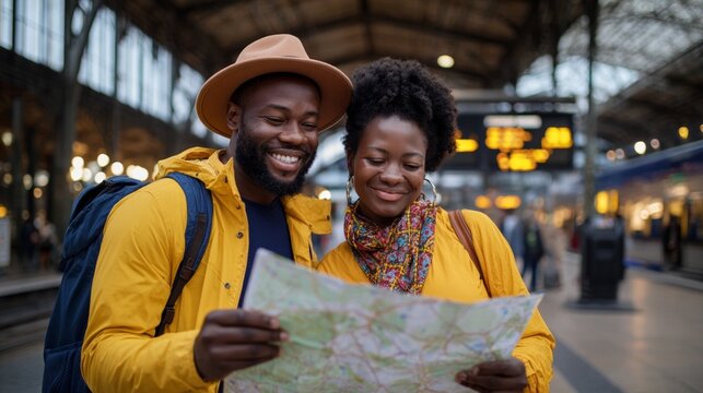 Couple at train station looking at map. - Powered by Adobe