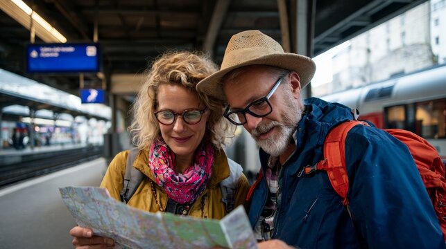 Couple at train station looking at map.