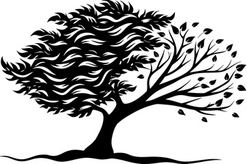 Obraz premium Black silhouette of a stylized tree with flowing branches and leaves on a white background tree silhouette