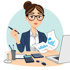 Accountant woman with glasses holding papers with charts at desk with calculator and laptop.