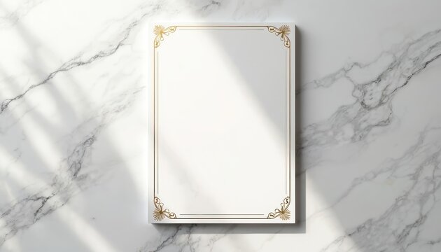 Elegant blank card with gold border rests on white marble surface. Vertical orientation, clean design perfect for invitations, notes, or business branding mockups. - Powered by Adobe