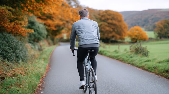 Man riding bicycle down road in autumn countryside.