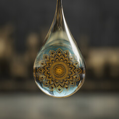 Golden ornamental mandala inside a crystal-clear droplet, intricate sacred pattern suspended in transparent glass, elegant spiritual symbol with soft blurred background, luxurious decorative artwork
