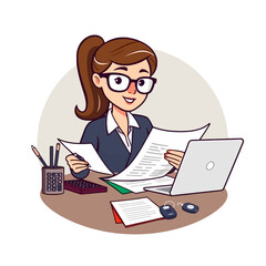 Cartoon woman working at desk with laptop and paperwork.