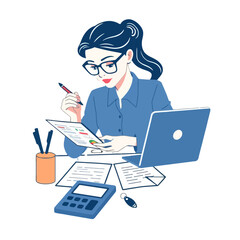 A focused businesswoman wearing glasses, meticulously reviewing documents and using a laptop at her desk, surrounded by office supplies.