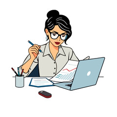A focused businesswoman wearing glasses, analyzing financial reports and data on her laptop and documents at a desk.