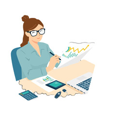A woman with glasses analyzing financial data on paper and a tablet at her desk.