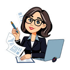 Cartoon of a woman working at a desk with a laptop and paperwork.