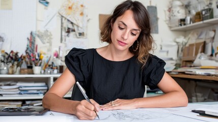 Woman drawing at desk in art studio