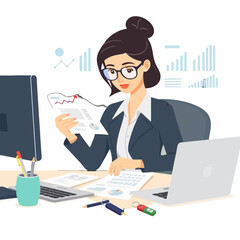 A focused businesswoman in glasses meticulously reviews financial documents at her desk, surrounded by office supplies and charts.