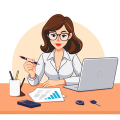 A professional woman with glasses is working on a laptop at her desk, holding a pen.