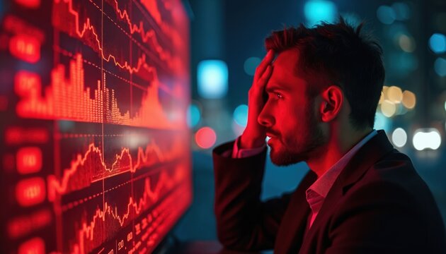 Man watches financial data screen lit in red. Feels stressed by market crash, economy crisis, investment loss. Trader frustrated with bad news, downturn. Business problems cause great worry, despair,