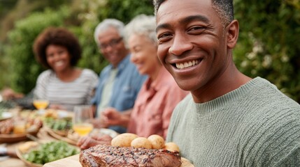 Man and family enjoying a barbecue dinner outdoors.
