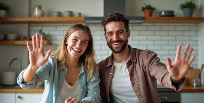 Happy young couple smiling waving hands making video call. Man and woman at home in kitchen chatting using modern tech. Friends family communicate online.