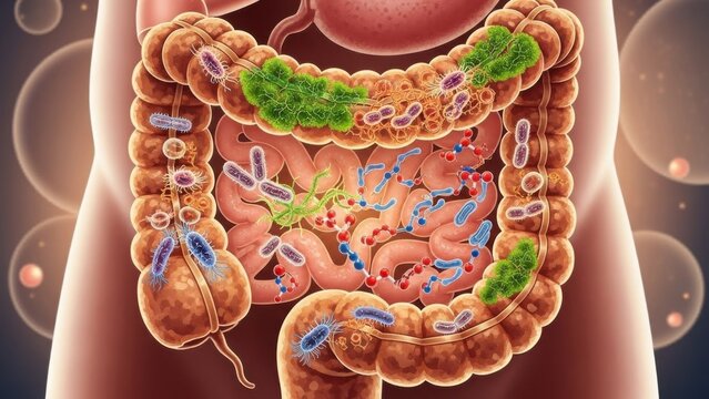 Artistic representation of the human digestive system with microbiome and microorganisms focus