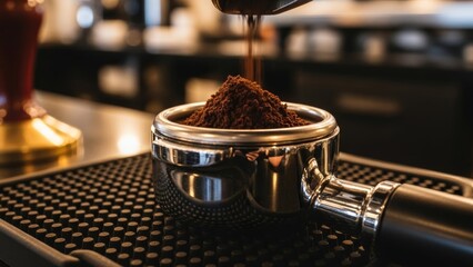 Freshly ground coffee beans spilling into a portafilter on a barista's workspace