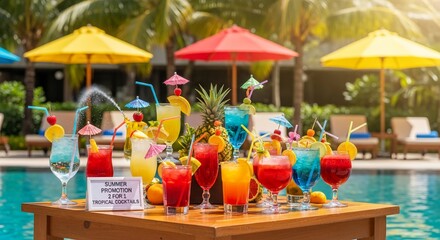 Tropical drinks served on poolside table summer promotion colorful umbrellas bright sunlight vacation