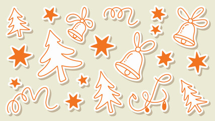 An illustration of christmas themed stickers featuring trees stars bells and ribbons on a light background
