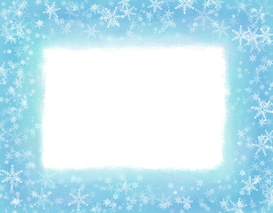 雪の結晶と水色の水彩枠、季節の背景素材