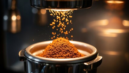 close-up of freshly ground coffee beans falling into a coffee cup with warm