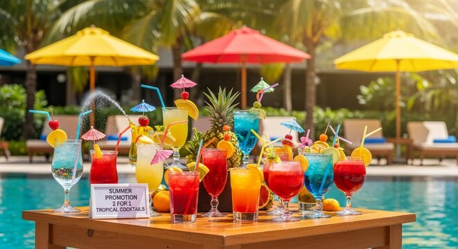 Tropical drinks served on poolside table summer promotion colorful umbrellas bright sunlight vacation