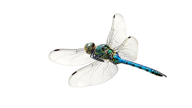 Close-up studio shot of a blue dragonfly with transparent wings on a white background.