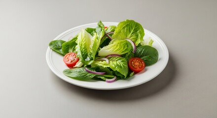 Small white ceramic plate holding fresh salad leaves positioned on neutral kitchen surface elegantly