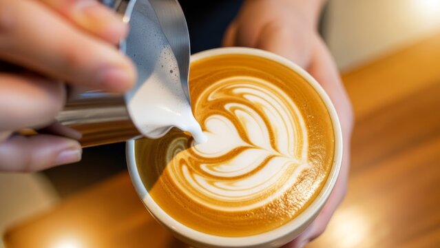 artistic latte art creation featuring smooth milk pour with intricate swirl