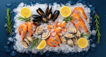 A delicious seafood dish arrangement with shrimp mussels clams and lemon on ice