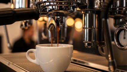 freshly brewed espresso flowing into a white ceramic cup under professional