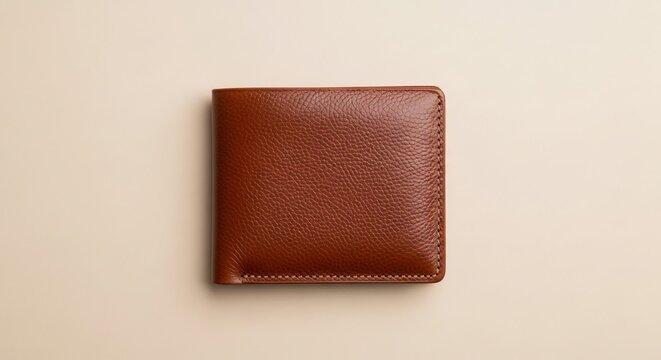 Premium brown leather wallet positioned perfectly flat on clean white background luxury accessory display