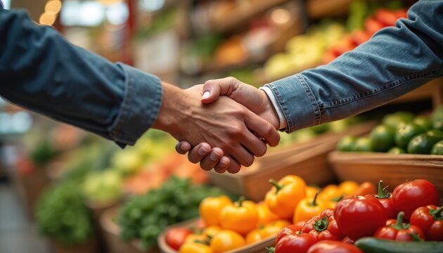 Business partners shake hands at farmers market. Fresh produce displayed in background. Cooperation between seller, buyer represents fair trade agreement, healthy local food industry. Grocer, vendor,