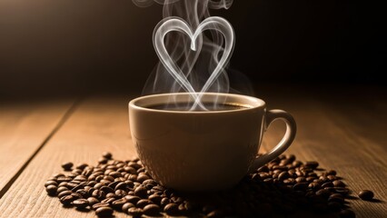 Warm cozy coffee cup with heart-shaped steam rising and roasted beans on