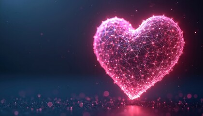 Abstract wireframe heart glows with pink light. Digital design shows love connection, relationship, AI. Conceptual art, cyber space. Heart symbol is innovation, futuristic tech, data network.
